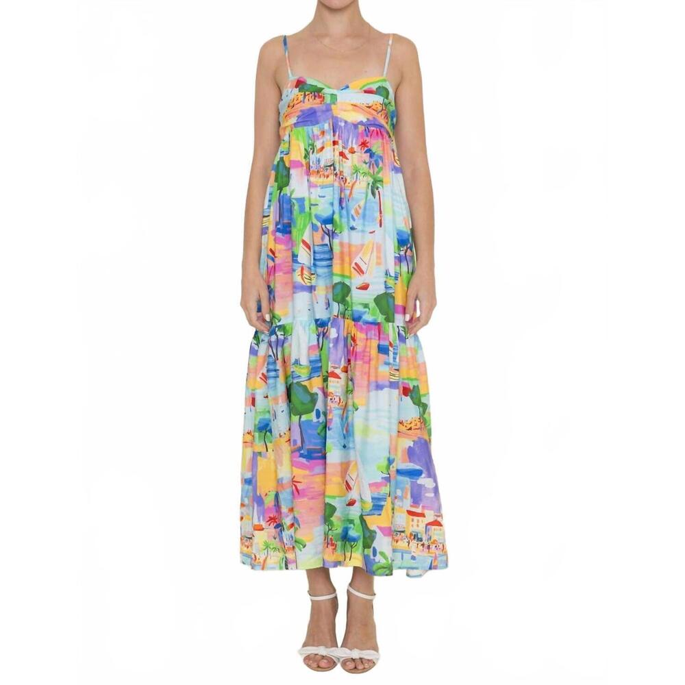 NEW FORE COLLECTION isla print tiered dress in blue multi